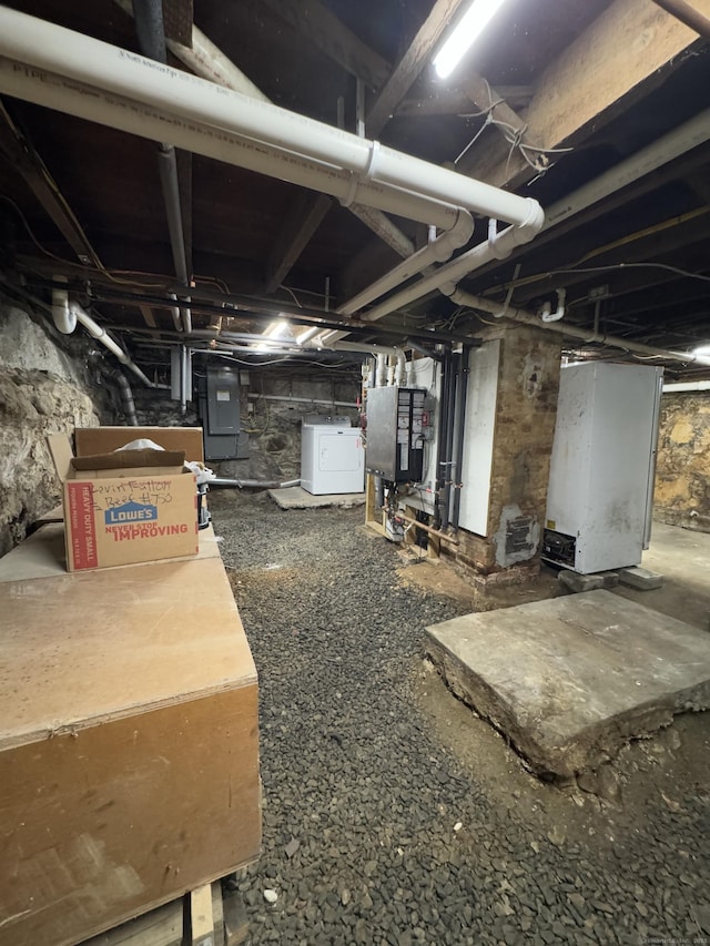 160 New Litchfield St, Torrington, CT 06790 - unfinished below grade area featuring washer / dryer and electric panel
