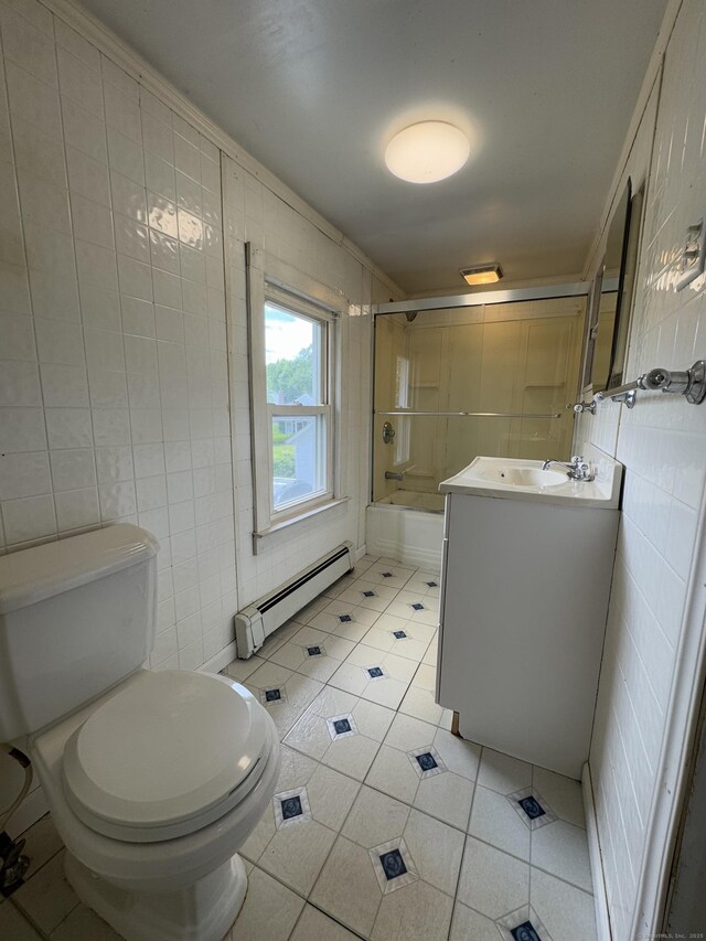 160 New Litchfield St, Torrington, CT 06790 - bathroom featuring a baseboard radiator, toilet, vanity,  shower combination, and tile walls