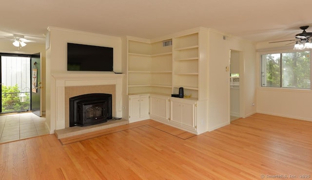 8 Heritage Vlg Unit D, Southbury, CT 06488 - unfurnished living room with ceiling fan, light wood finished floors, baseboards, and ornamental molding