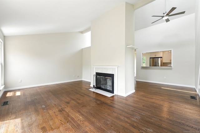 27 Pheasant Run Unit 27, Cromwell, CT 06416 - unfurnished living room with high vaulted ceiling, ceiling fan, baseboards, a fireplace, and dark wood finished floors