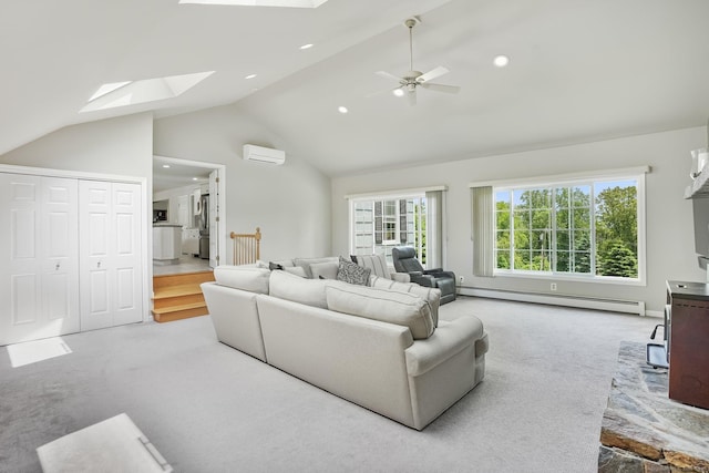 7 Silva Ter, Oxford, CT 06478 - living room with a skylight, a baseboard radiator, carpet flooring, a wall mounted AC, and recessed lighting