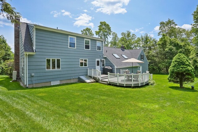 7 Silva Ter, Oxford, CT 06478 - rear view of property featuring a chimney, a deck, a lawn, roof with shingles, and cooling unit