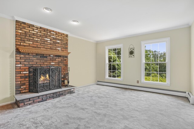 7 Silva Ter, Oxford, CT 06478 - unfurnished living room featuring ornamental molding, carpet floors, a brick fireplace, baseboards, and recessed lighting