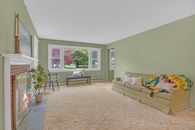 30 Fairlawn Rd, Glastonbury, CT 06033 - living room featuring a fireplace, carpet, and a baseboard radiator