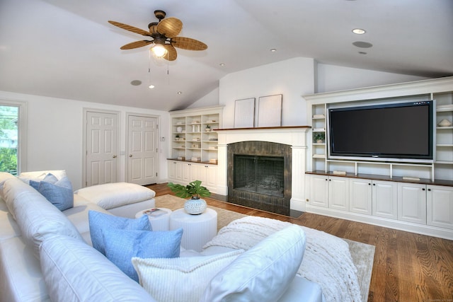 52 Woodside Ave, Westport, CT 06880 - living room featuring vaulted ceiling, ceiling fan, a fireplace with flush hearth, dark wood finished floors, and recessed lighting