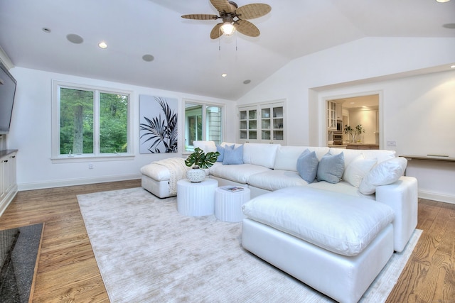 52 Woodside Ave, Westport, CT 06880 - living room with vaulted ceiling, wood finished floors, and ceiling fan
