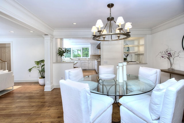 52 Woodside Ave, Westport, CT 06880 - dining room featuring wood finished floors, a chandelier, crown molding, and recessed lighting