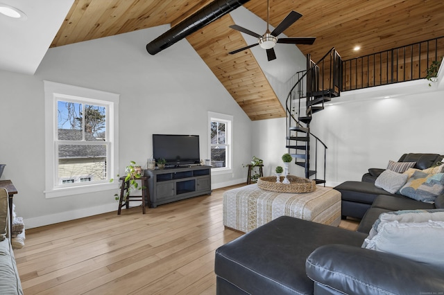 11 Pearl St, Groton, CT 06340 - living room with a ceiling fan, high vaulted ceiling, stairway, hardwood / wood-style floors, and baseboards