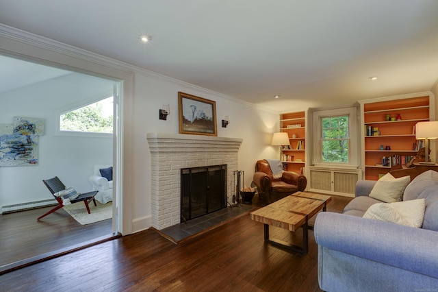 102 Rose Ln, Darien, CT 06820 - living room with hardwood / wood-style floors, healthy amount of natural light, crown molding, a brick fireplace, and a baseboard heating unit