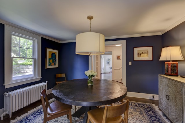 102 Rose Ln, Darien, CT 06820 - dining space featuring radiator, baseboards, wood finished floors, and ornamental molding