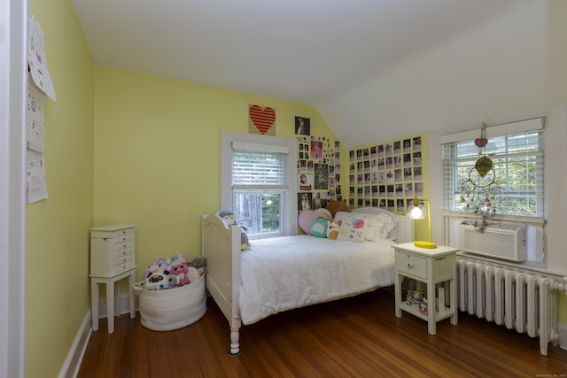 102 Rose Ln, Darien, CT 06820 - bedroom with radiator, wood finished floors, lofted ceiling, cooling unit, and baseboards