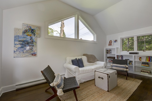 102 Rose Ln, Darien, CT 06820 - living area featuring baseboard heating, lofted ceiling, and wood finished floors