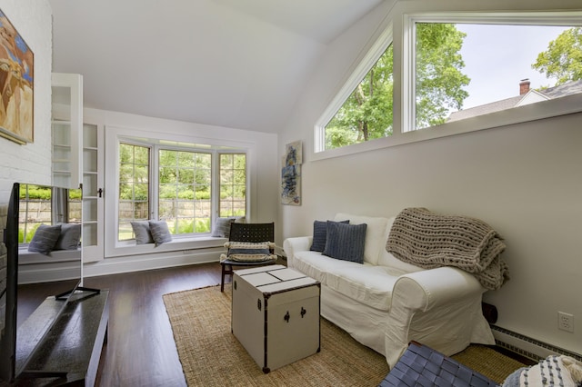 102 Rose Ln, Darien, CT 06820 - living room with wood finished floors, a baseboard radiator, and high vaulted ceiling