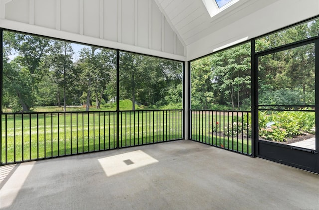 10 Singing Woods Rd, Norwalk, CT 06850 - unfurnished sunroom with lofted ceiling, a skylight, and view of scattered trees