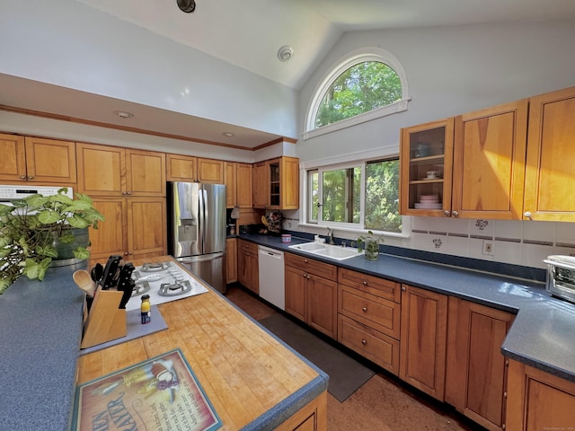 10 Laurel Trl, Durham, CT 06422 - kitchen with stainless steel fridge with ice dispenser, a sink, white dishwasher, decorative backsplash, and glass insert cabinets
