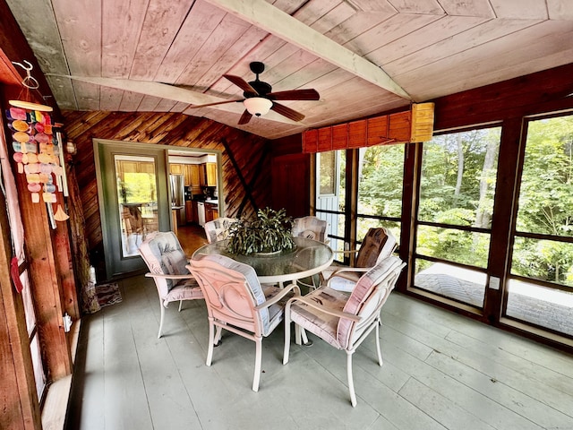 10 Laurel Trl, Durham, CT 06422 - sunroom with wooden ceiling, wood walls, ceiling fan, wood-type flooring, and outdoor dining area