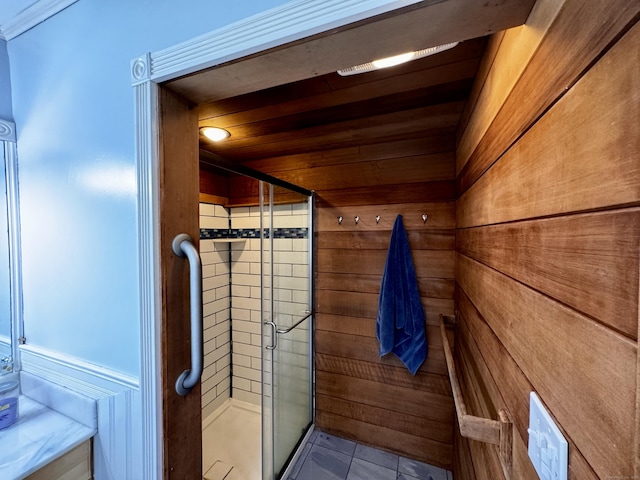 10 Laurel Trl, Durham, CT 06422 - full bathroom featuring a shower stall, tile patterned floors, a sauna / steam room, and wooden walls