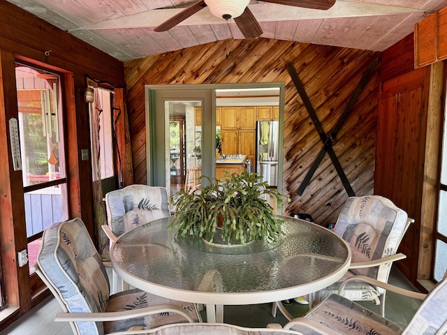 10 Laurel Trl, Durham, CT 06422 - dining space featuring wood walls, wood ceiling, plenty of natural light, and a ceiling fan