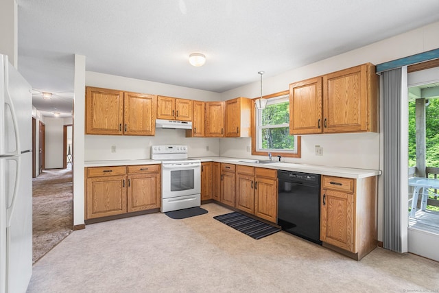 1441 Woodtick Rd, Wolcott, CT 06716 - kitchen with white appliances, a sink, light colored carpet, light countertops, and under cabinet range hood
