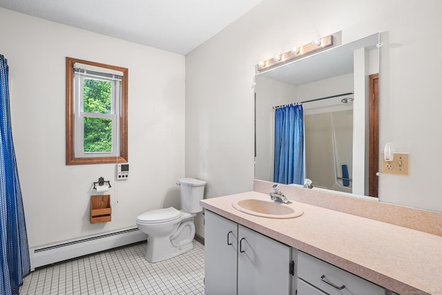 1441 Woodtick Rd, Wolcott, CT 06716 - full bath featuring baseboard heating, toilet, vanity, tile patterned flooring, and curtained shower