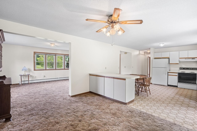1441 Woodtick Rd, Wolcott, CT 06716 - kitchen featuring white appliances, a baseboard heating unit, under cabinet range hood, and light colored carpet