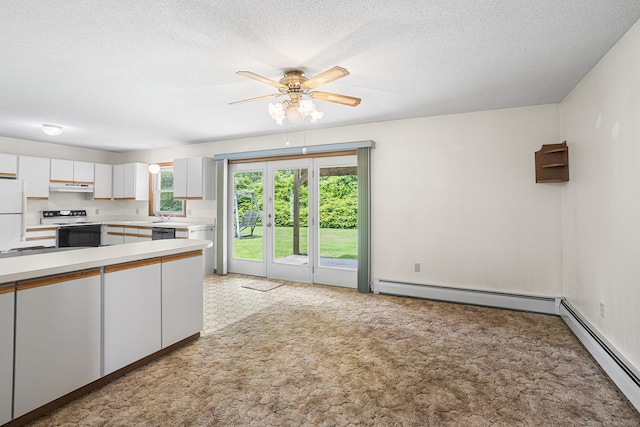 1441 Woodtick Rd, Wolcott, CT 06716 - kitchen with electric stove, light countertops, freestanding refrigerator, under cabinet range hood, and ceiling fan