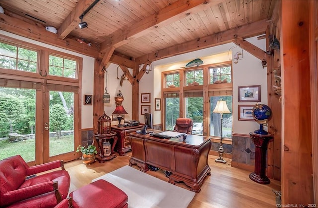 9A Obtuse Rocks Rd, Brookfield, CT 06804 - office space with a wood ceiling with exposed beams, light wood-style flooring, and a wainscoted wall