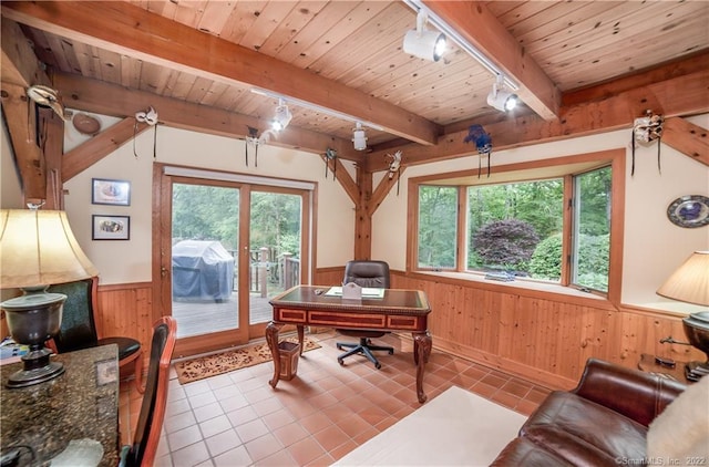 9A Obtuse Rocks Rd, Brookfield, CT 06804 - tiled office featuring wainscoting, rail lighting, wooden walls, and a wood ceiling with exposed beams