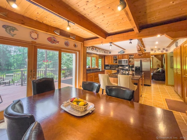 9A Obtuse Rocks Rd, Brookfield, CT 06804 - dining space featuring rail lighting, a wooden ceiling with exposed beams, and light tile patterned flooring