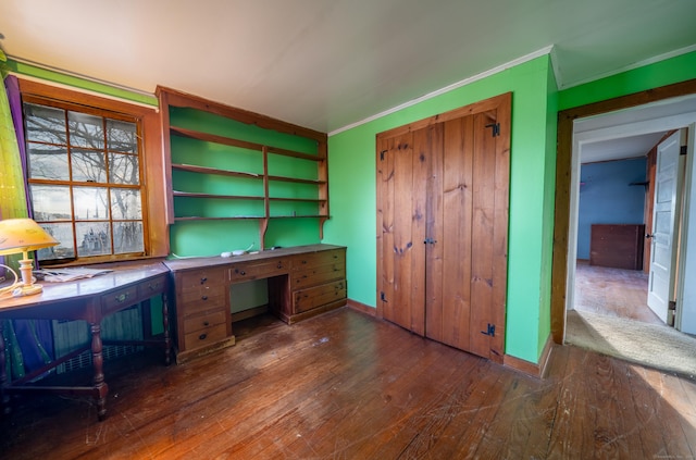 25 Gray Ledge Rd, Branford, CT 06405 - unfurnished office with ornamental molding, hardwood / wood-style flooring, baseboards, and built in study area