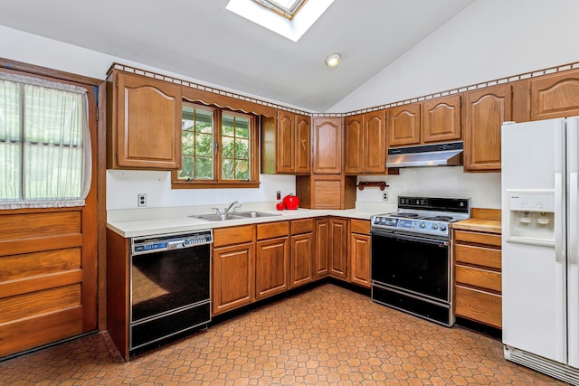 475 Hoyt St, Darien, CT 06820 - kitchen with white fridge with ice dispenser, black dishwasher, electric stove, under cabinet range hood, and a sink