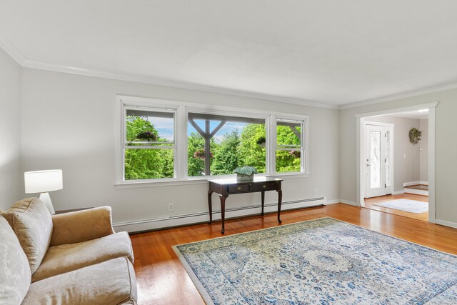 40 Spring Hill Ln, Bethel, CT 06801 - living room with a baseboard heating unit, crown molding, wood finished floors, and baseboards