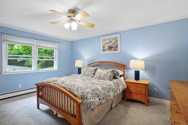 40 Spring Hill Ln, Bethel, CT 06801 - bedroom featuring light colored carpet, a baseboard radiator, crown molding, baseboards, and a ceiling fan