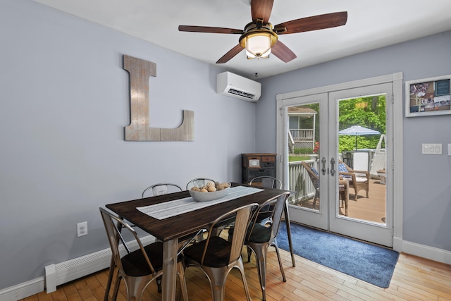114 Dean Rd, East Lyme, CT 06333 - dining room featuring an AC wall unit, hardwood / wood-style flooring, french doors, baseboards, and ceiling fan