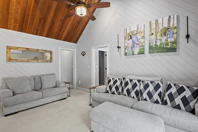 114 Dean Rd, East Lyme, CT 06333 - carpeted living area with ceiling fan, wood walls, wooden ceiling, and high vaulted ceiling