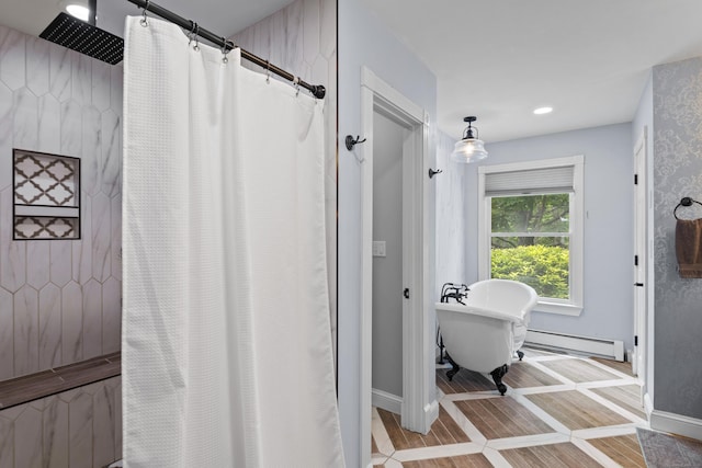 114 Dean Rd, East Lyme, CT 06333 - bathroom with baseboard heating, curtained shower, a soaking tub, baseboards, and recessed lighting