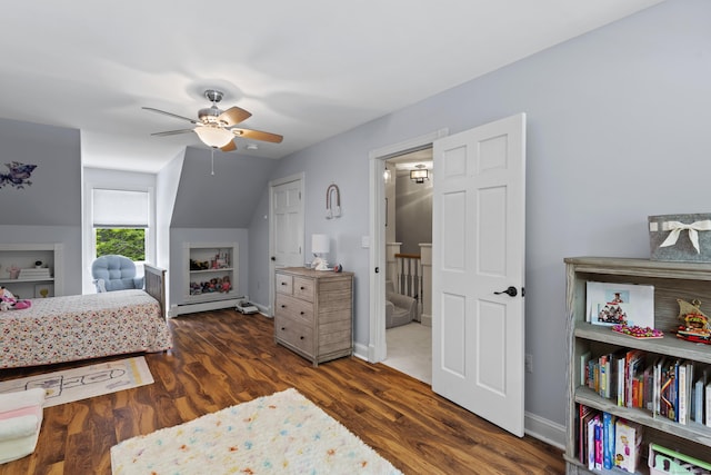 114 Dean Rd, East Lyme, CT 06333 - bedroom with a baseboard radiator, wood finished floors, a ceiling fan, and baseboards