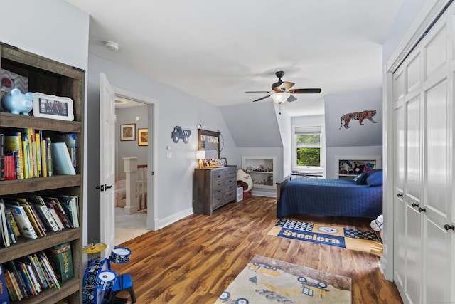 114 Dean Rd, East Lyme, CT 06333 - bedroom with wood finished floors, lofted ceiling, a ceiling fan, baseboards, and a closet