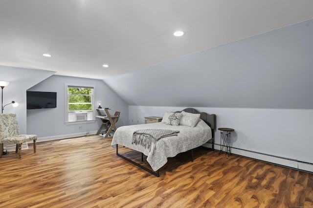 114 Dean Rd, East Lyme, CT 06333 - bedroom featuring wood finished floors, lofted ceiling, recessed lighting, baseboards, and baseboard heating