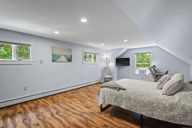 114 Dean Rd, East Lyme, CT 06333 - bedroom featuring wood finished floors, multiple windows, baseboard heating, recessed lighting, and lofted ceiling