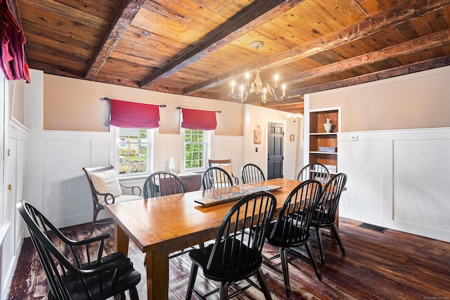 8 Cider Mill Rd, Tolland, CT 06084 - dining area featuring wooden ceiling with exposed beams, a chandelier, dark wood finished floors, a decorative wall, and wainscoting