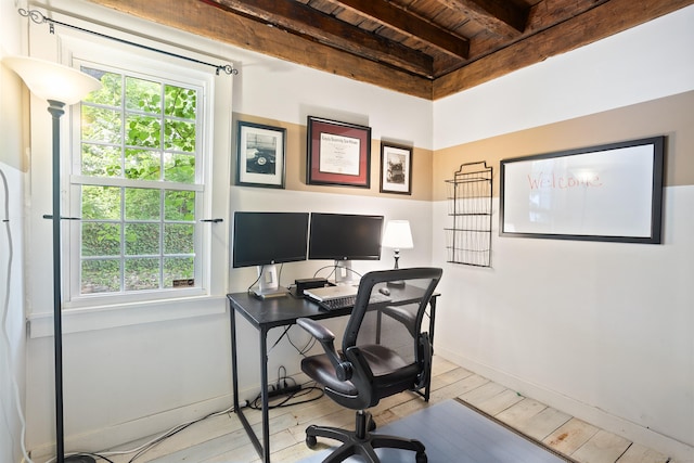 8 Cider Mill Rd, Tolland, CT 06084 - office with wooden ceiling with exposed beams, hardwood / wood-style floors, healthy amount of natural light, and baseboards