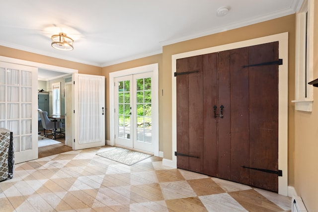 8 Cider Mill Rd, Tolland, CT 06084 - entrance foyer with french doors, baseboards, a baseboard radiator, crown molding, and light tile patterned floors