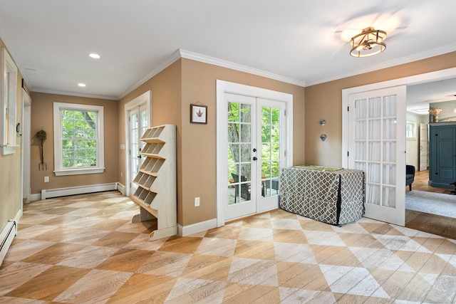 8 Cider Mill Rd, Tolland, CT 06084 - foyer entrance with baseboard heating, french doors, baseboards, healthy amount of natural light, and ornamental molding