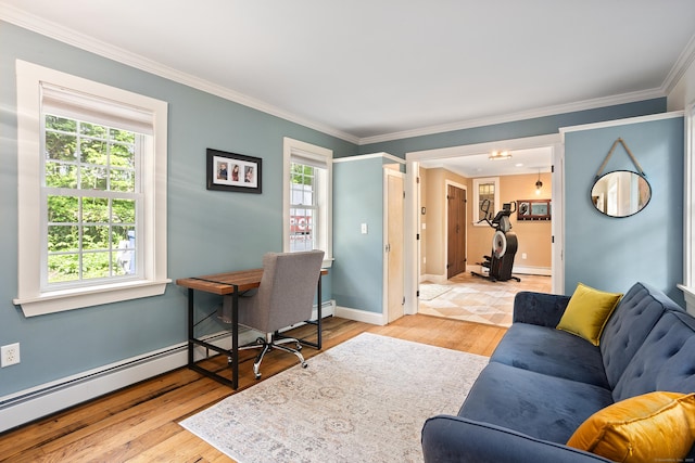 8 Cider Mill Rd, Tolland, CT 06084 - living area featuring hardwood / wood-style floors, crown molding, baseboards, an office area, and a baseboard radiator