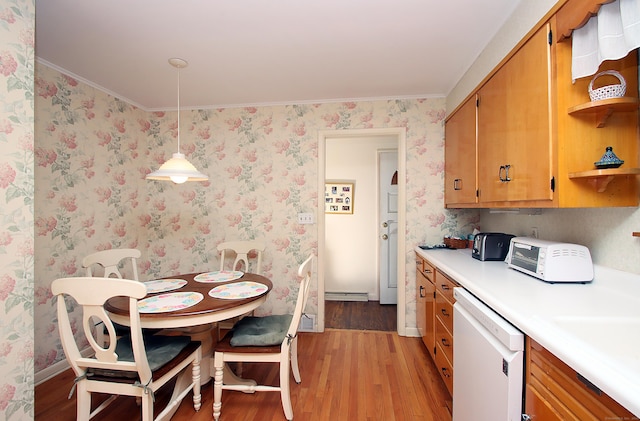 202 Wilson Rd, Orange, CT 06477 - kitchen featuring dishwasher, open shelves, light wood finished floors, light countertops, and crown molding