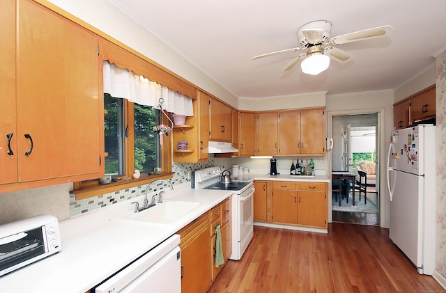 202 Wilson Rd, Orange, CT 06477 - kitchen featuring white appliances, light wood-style floors, under cabinet range hood, a sink, and a ceiling fan