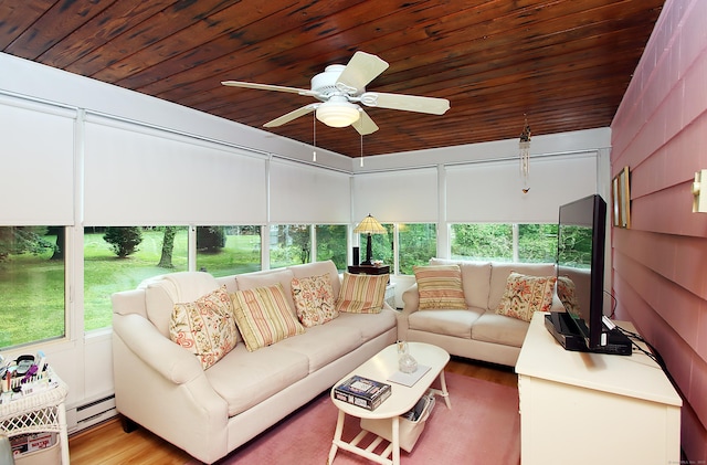 202 Wilson Rd, Orange, CT 06477 - sunroom / solarium featuring outdoor lounge area, baseboard heating, wooden ceiling, a ceiling fan, and wood finished floors
