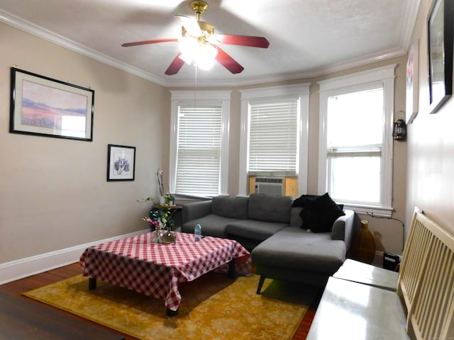157 Madison Ter, Bridgeport, CT 06606 - living area featuring ornamental molding, wood finished floors, ceiling fan, baseboards, and cooling unit