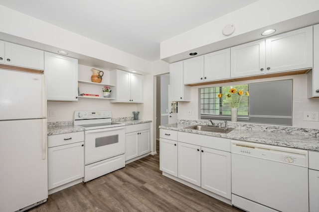 125 Warner Hill Rd Unit 74, Stratford, CT 06614 - kitchen with white appliances, a sink, white cabinetry, dark wood finished floors, and open shelves